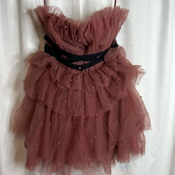 Anthropologie x Maeve Tiered Strapless Pearl Embellished Tulle Mini Dress - Picture 6 of 8